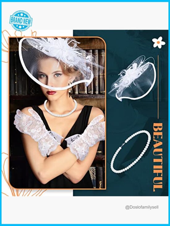 3-Piece Derby Fascinator Hat Set with Lace Gloves and Pearl Choker for Tea main image 7